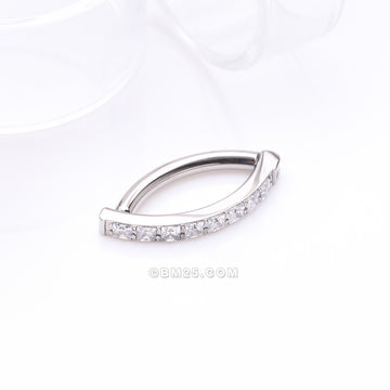 Detail View 1 of Implant Grade Titanium Square Gem Lined Minimalist Curved Bar Belly Clicker-Clear Gem